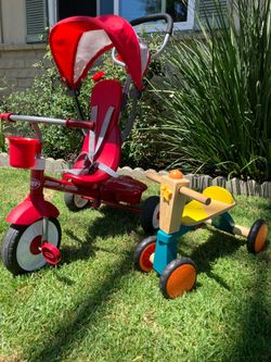 Rider wooden toddler bike & Radio Flyer 4-in 1 Stroll ‘N Trike
