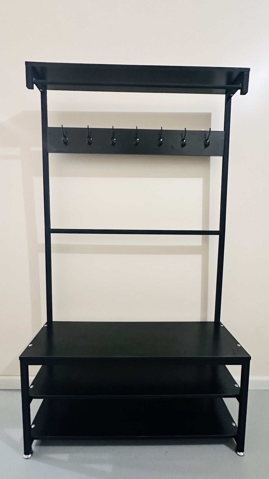 Elegant Black Shoe Rack with Coat Hanger – $50
