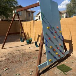 Custom Built Swing Set with Rock Wall