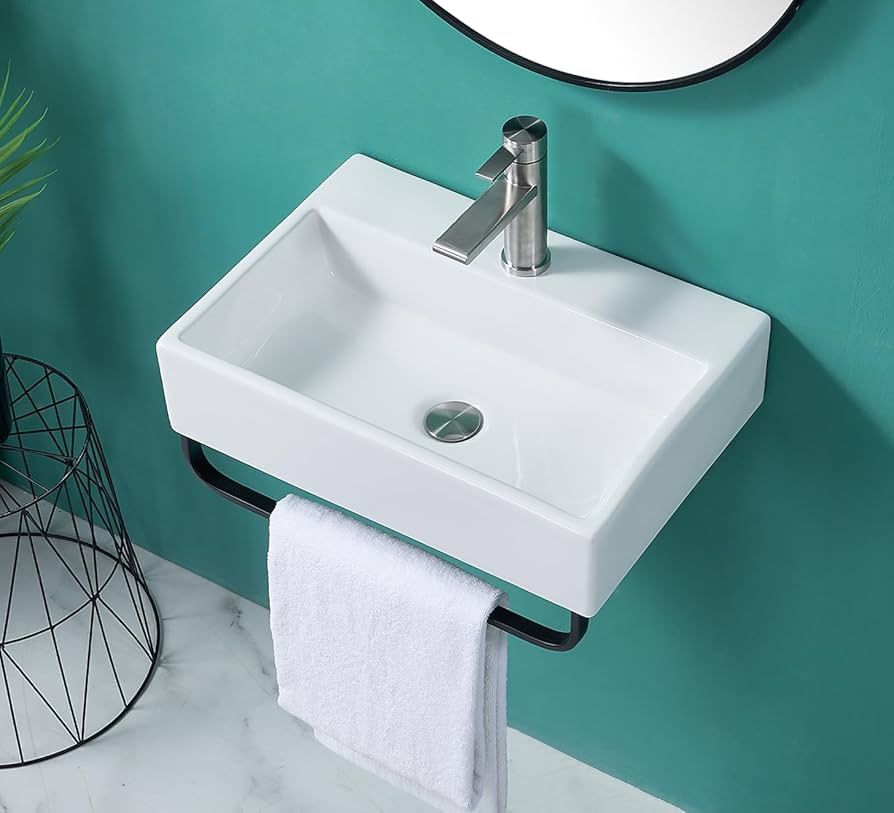(DH404) VCCUCINE Modern 21"x14"Wall Mounted Bathroom Vessel Sink with Towel Rack,Wall Hung Porcelain Ceramic Vessel Sink,White Floating Rectangular On