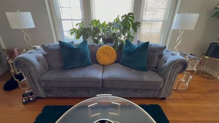 Grey Velvet Chesterfield Sofa with Nailhead Trim