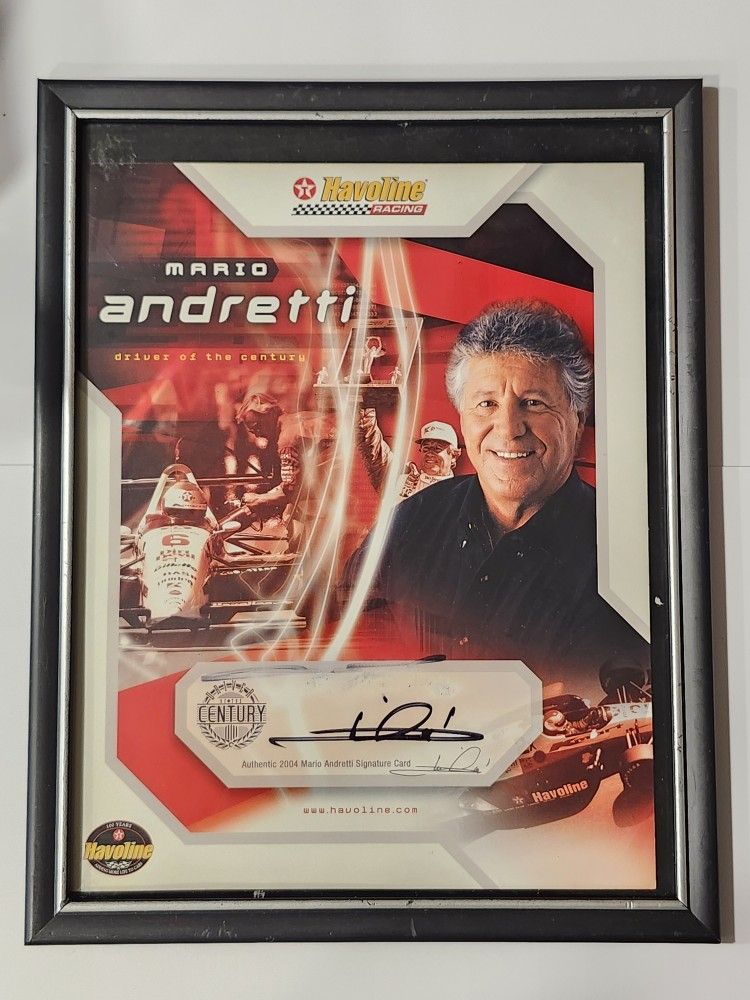 FORMULA ONE RACING π. MARIO ANDRETTI AUTHENTIC AUTOGRAPHED FRAMED 8"X10" JUMBO CARD.