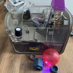 Hamster Cage W Water Bottles, Dishes, Ramps, Light Up Ball, And Wheel