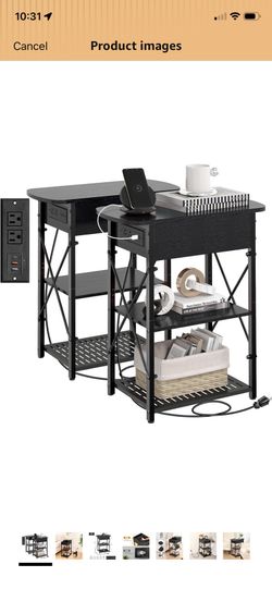 Narrow Side Table with Charging Station, End Tables Set of 2 for Small Spaces, Flip Top End Table with Storage, Black End Tables Living Room, Nightsta