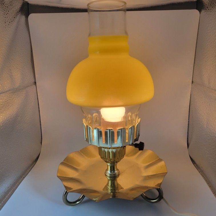 Single Vtg Yellow Satin Shade Hurricane Lamp Brass Bedside Parlor Light 10.5"