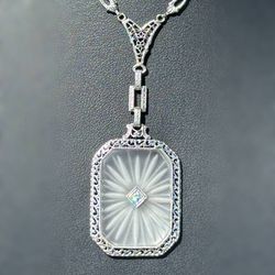 Art Deco Antique Jewelry 14k white gold natural diamond 0.03CT. Camphor Glass necklace chain 16.00" 4.00mm width