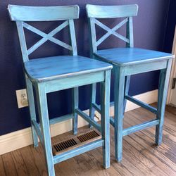 2 Bar Stools Turquoise Blue Counter Height Barstools  Farmhouse X Back 