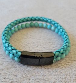 Double-layer men's aqua bead and braided leather bracelet, new, 8 inch.