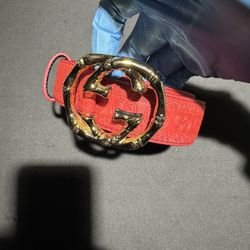 PRE OWNED GUCCI GG BONE BUCKLE LEATHER BELT
