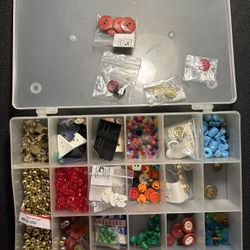 Plastic Organizer with Buttons, Beads, Pin Backs