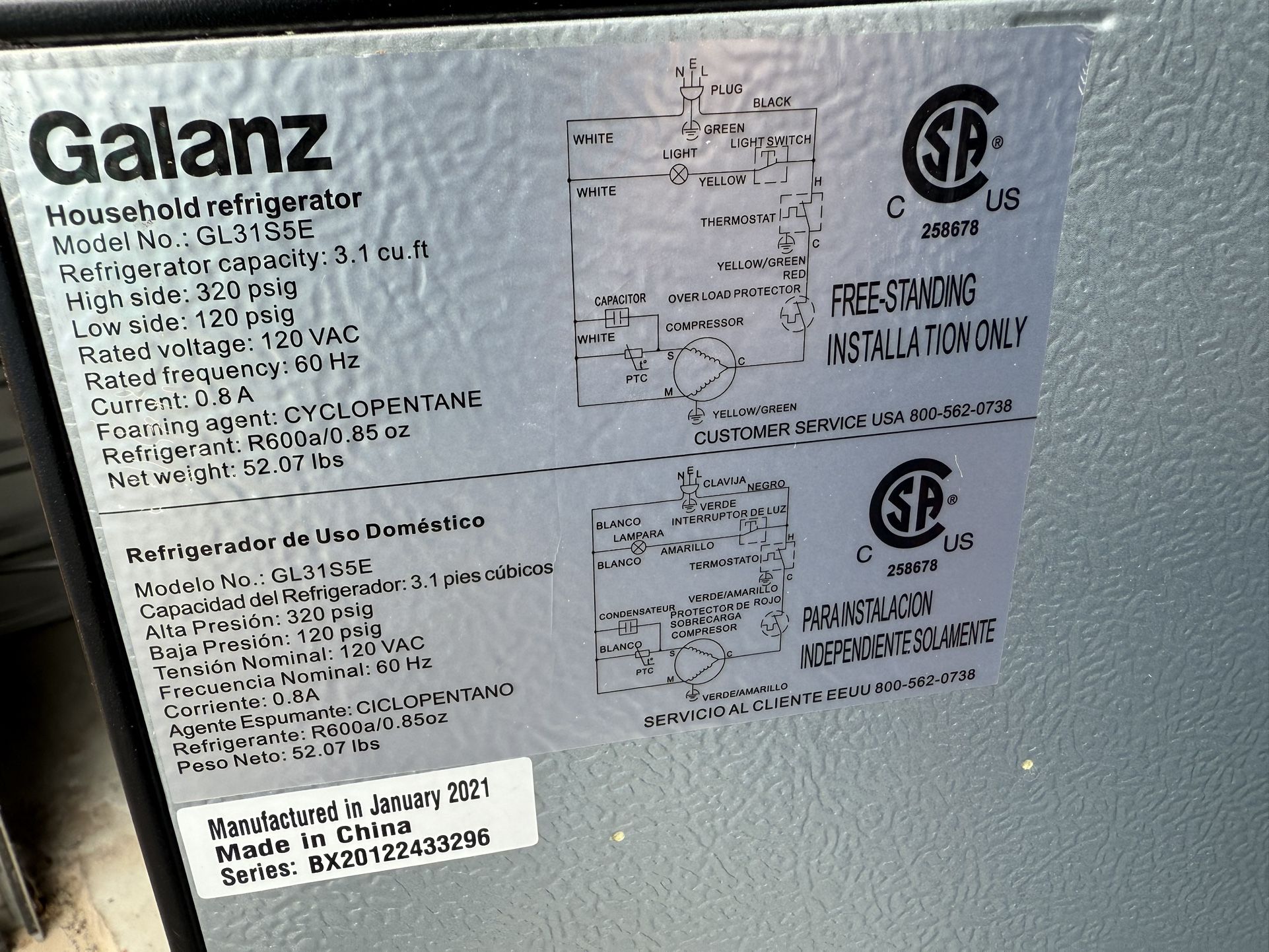 Galanz Mini Fridge w/ Freezer – 3.1 cu. ft. (Model GL31S5E)