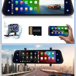 Car in-Mirror Mounted Dash Cam with Front & Rear View Camera Wireless Carplay Android Auto Car Driving Recorder with 9.66 Inch IPS Touchscreen Support