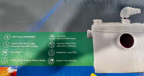 800W Toilet Pump for Basement with Water Connections