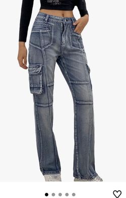 Women's Washed Denim Cargo Jeans