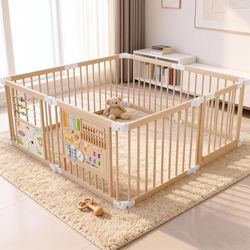 LE121 $75 Foldable Wooden Playpen, Natural Wood Baby Playpen with Adjustable Size and Shape, Portable Includes 2 Game Boards, 10+ Toy Set, Suitable f