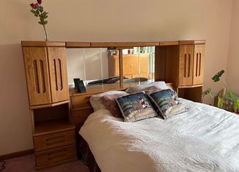 Queen size Oak headboard and side units/ bed frame included