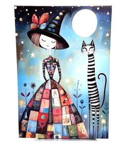 Whimsical Starry Night Girl & Cat Wall Art Canvas