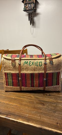 Vintage 1980 Straw Raffia Woven Tote Market Bag   Purse Beach Picnic Mexico Boho