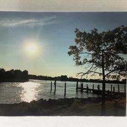 Lake Pier Canvas Wall Art: Dock in Sunset Artwork Wooden Bridge 16”x20”