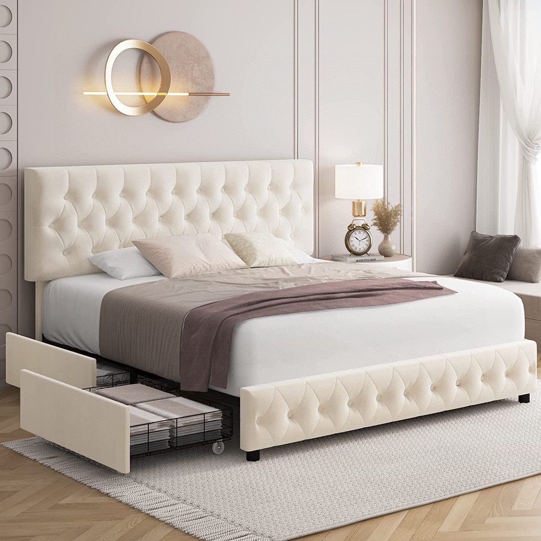 Full Size Modern Upholstered Bed Frame with 4 Drawers, Button Tufted Headboard Design, Solid Wooden Slat Support