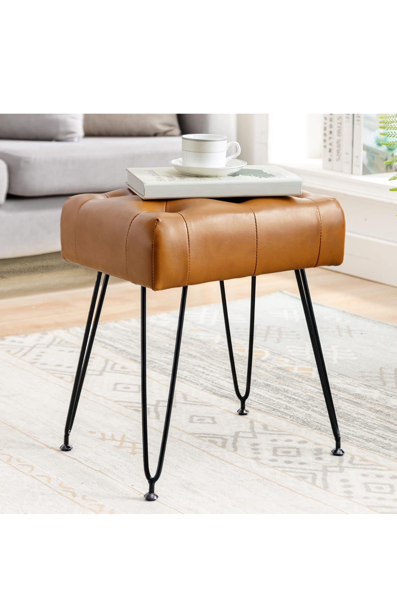 LUE BONA Modern Faux Leather Rectangle Vanity Stool, Vanity Chair for Makeup Room, Whiskey Brown Ottoman