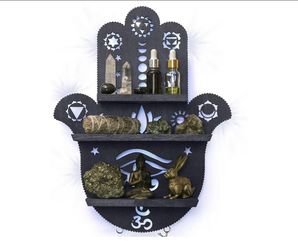 Hamsa Hand Chakra Wall Shelf – Black, 17” – Crystal/Essential Oil Display