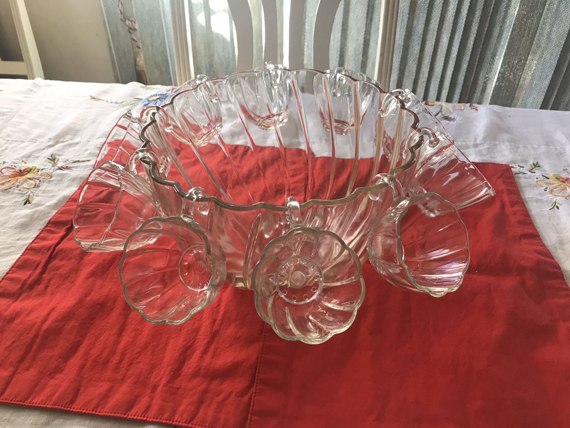 Vintage glass punch bowl with matching unique cups