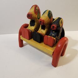 Vintage Wood Carved Hand-painted Dogs On Bench Vintage Folk Art, Indonesia
