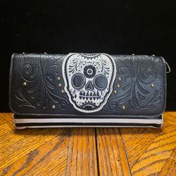 Loungefly black and white striped wallet With Skull Design