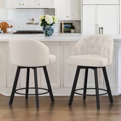 26 in.Beige Linen Fabric Upholstered Swivel Bar Stool with Metal Frame Nailhead Counter Barstool Set of 2