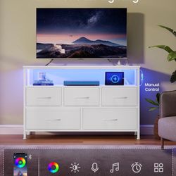 Dresser for Bedroom with App-Controlled LED Lights and Charging Station, Chest of Drawers, TV Stand,