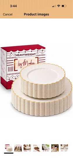 HEAVYWEIGHT Ivory Gold Scalloped Plastic Plates for Party 60 Pcs 30% Heavier, 30 Dinner & 30 Dessert Heavy Duty Disposable Plates, Fancy Plastic Plate