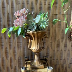 Vintage Gold Tall Urn Floral Vase Plant Ceramic Boho Traditional Handle Fluted Decor Accent Storage 