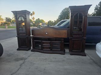 Dark Wood Entertainment Center with Side Cabinets