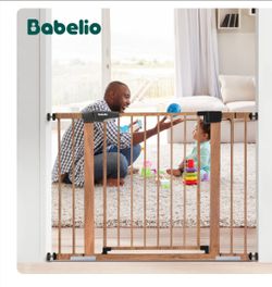 BABELIO 26-40" Metal Baby Gate with Wood Pattern, PressGuard C5 Easy Install Pressure Mounted Dog Gate for Stairs and Doorways, with Wall Protectors a