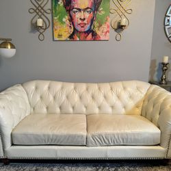 Tufted White Leather Couch 