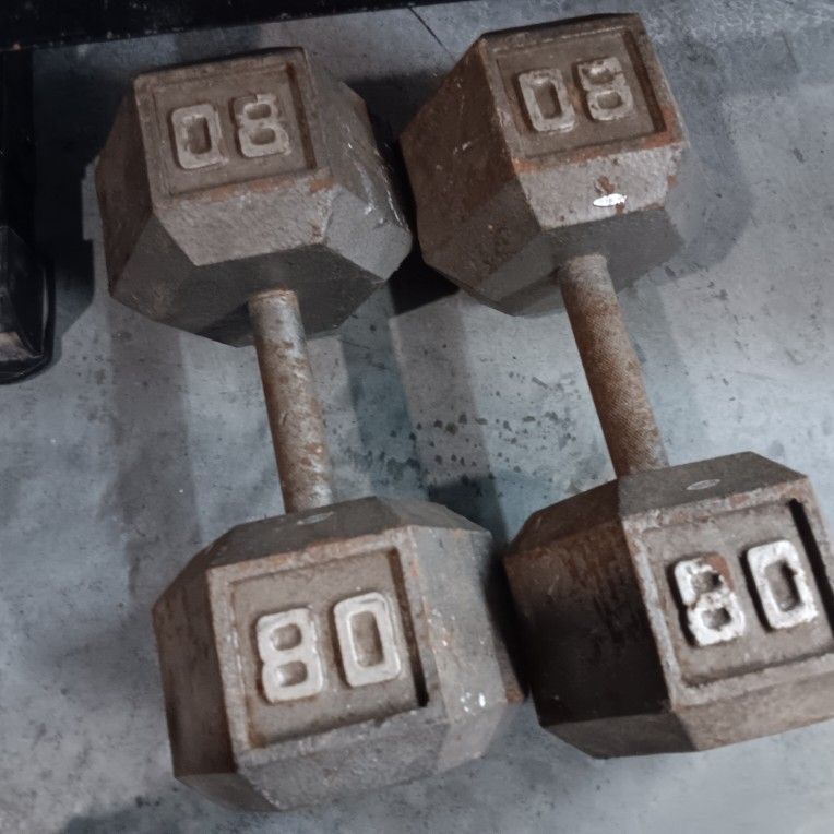 Pair Of 80 Lbs. Dumbbells (Metal Hexagon)