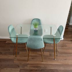 Blue Gold Modern Velvet Glass Dining Set