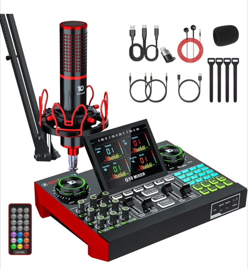 Podcast Equipment Bundle, tenlamp G10 USB Audio Interface with DJ Mixer and Sound Board, 48V XLR Condenser Microphone with Stand, Podcast Kit