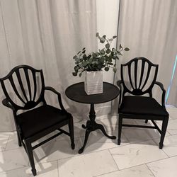 2 Black Armchairs / Side Chairs And Small Table