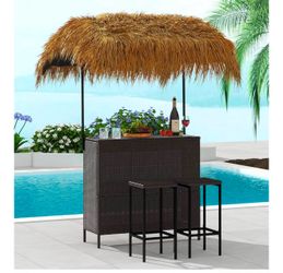 Outdoor Tiki Bar Set, 3 Pieces Wicker Patio Bar Set with Height Stools, Wicker Islander Tiki Bar and 2 Stools Storage for Garden