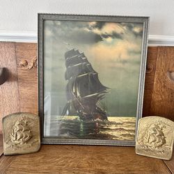 Antique~Vintage Sailing Ship Picture & Pair Of Heavy Bronze Sailing Ship Bookends