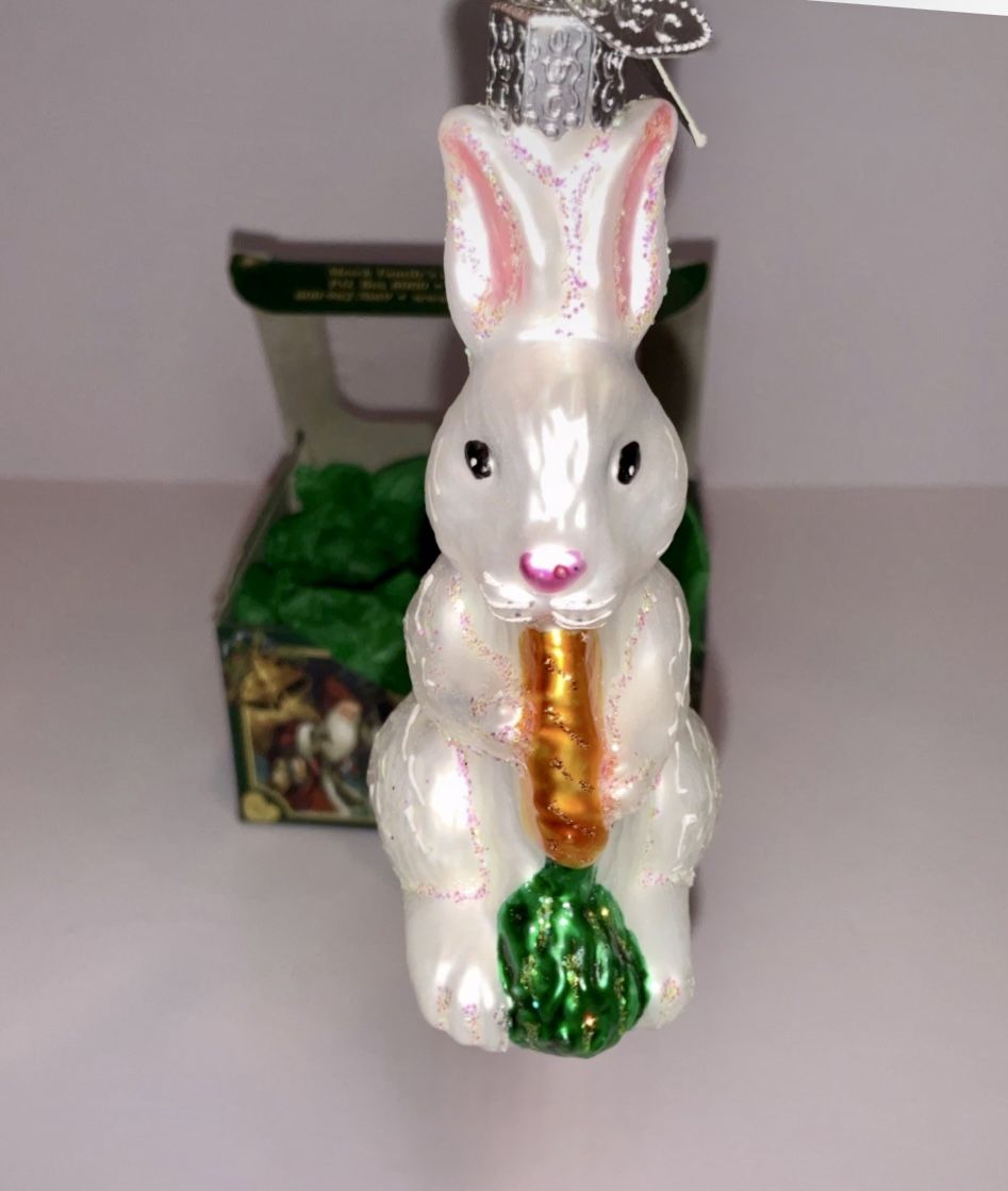 NOS Old World Christmas Glass Christmas Ornament, Peter Rabbit With Carrot