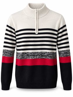 Quarter-Zip Striped Knit Pullover Sweater