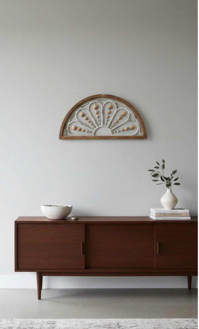 Beautiful arched wall decoration with a rustic wood frame and a decorative white sunburst design. It features natural-looking beads for a charming, fa