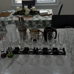 Glass cups, mugs, mixer, etc