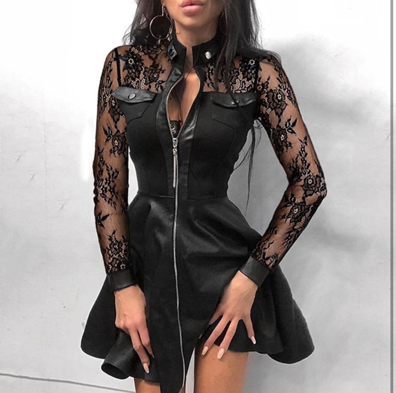 Black MEDIUM Women PU Leather Dress Front Zipper Sheer Sleeve Gothic Cocktail Club Party Flared Dress