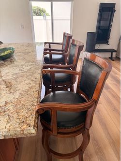 Set of 3 Swivel Wood Counter Stools with Black Leather Seats