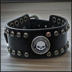 Black Leather HARLEY DAVIDSON Studded Cuff Bracelet Adjustable Length 