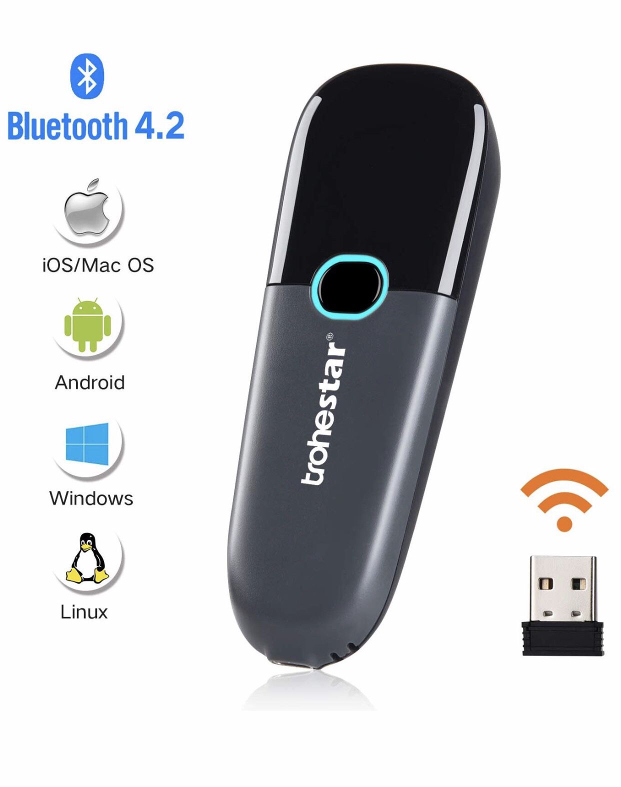 Trohestar Nuberopa N3 Mini Wireless Barcode Scanner 1D Compatible with Bluetooth Function & 2.4GHz Wireless & Wired Connection, Portable Barcode Read